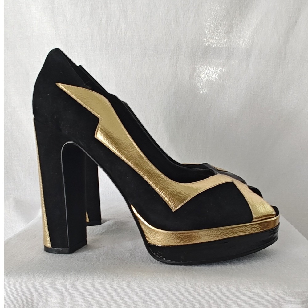 Jeffrey Campbell Bad Girl Platform Pumps Black Gold Metallic Peep Toe Heel 9 - Picture 3 of 10